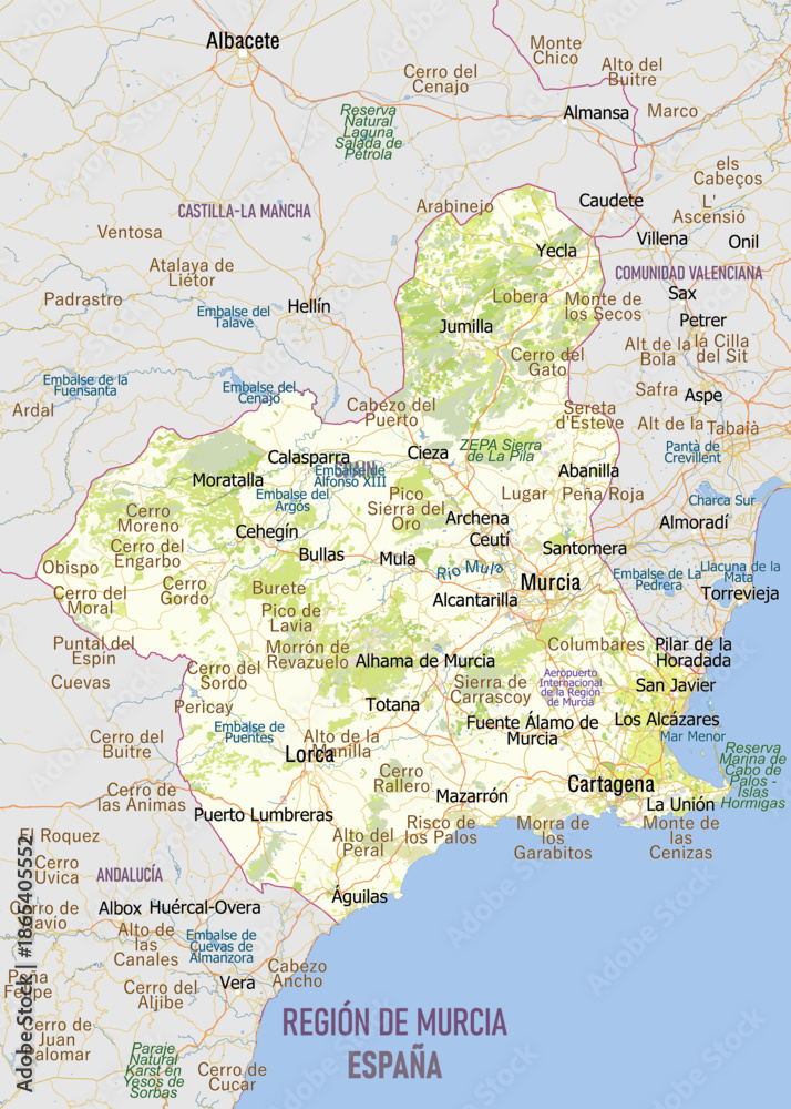 Naklejka premium Geographic Map of the Region of Murcia, Spain with Cities and Natural Areas