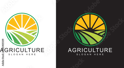 Farm logo design with green fields and yellow sun rays.