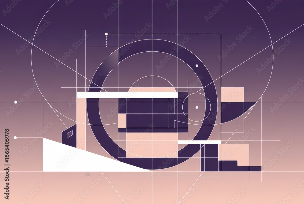 Obraz premium Shapes and lines come together in an abstract design featuring circles, rectangles, and angles on a gradient background. The composition shows a mix of forms and colors