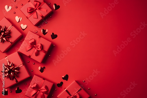 Red gift boxes with ribbons and heart decorations on vibrant red background