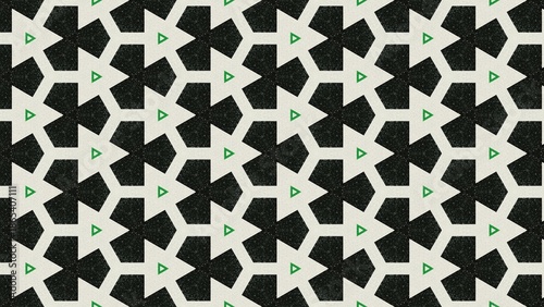 A black and white patterned design with green accents
