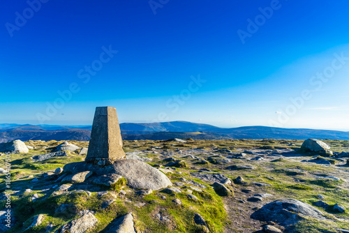 Warm golden light illuminating the wild heather and mountain peaks of Wicklow, Ireland, during a dramatic summer evening