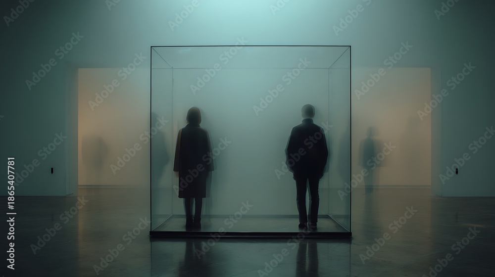 Obraz premium person standing still inside invisible glass walls, light refracting around them, symbol of unseen mental trap, minimalist fine art, muted colors — v 7 
