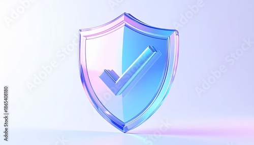 A glossy shield illustration, half pink/purple, half blue, with checkmark, on light background