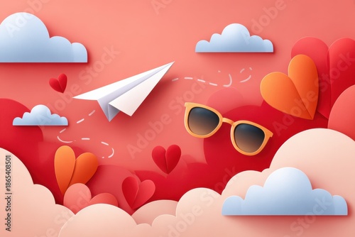 Dreamy paper plane with red hearts and clouds in a pink romantic sky scene