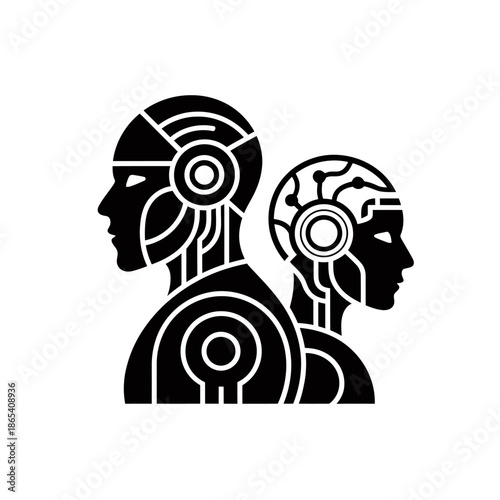 Two robotic profiles stand side by side, one male and one female, against a monochromatic backdrop.
