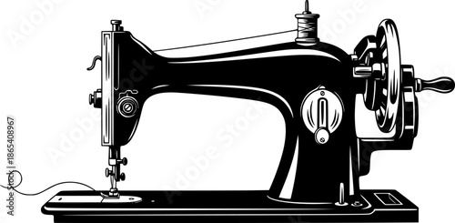 Vintage Sewing Machine Icon: A sleek, black and white artistic illustration of a vintage sewing machine, a symbol of traditional craft, textile artistry, and timeless creativity. 
