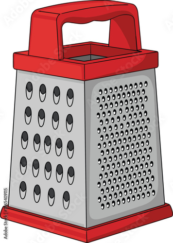 Box grater with red handle, kitchen utensil icon, food prep tool, culinary equipment design, flat vector illustration, cooking aid