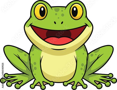 Cartoon frog with cheerful smile, yellow eyes, green spotted body, playful animal icon, flat vector illustration, kids character design