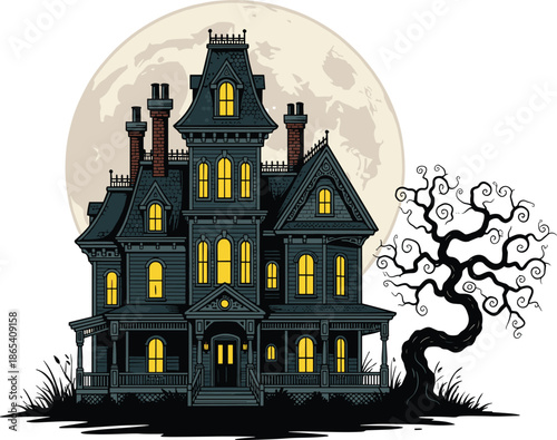 Haunted Victorian house with full moon, spooky tree, Halloween horror scene, eerie atmosphere, flat vector illustration, dark mystery design