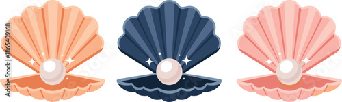 Open clam shells with shiny pearls, colorful treasure icons, nature gem concept, flat vector illustration, decorative marine design