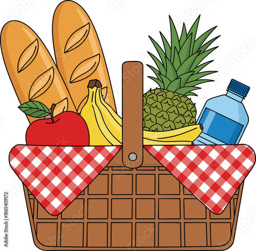Picnic basket with food items, baguettes, fruit, water bottle, outdoor leisure icon, flat vector illustration, healthy eating theme