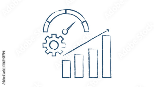 Analytics graphic with a speedometer, gear and rising bar chart