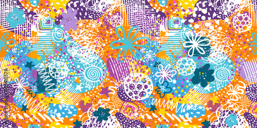 Seamless background abstract colorful bright children's. for packaging, textiles, decor, children's decoration . Hand drawn. Not AI, vector illustration.