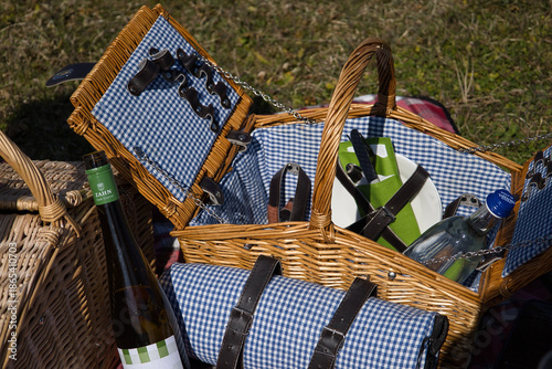 Picknick-Ausrüstung im Weinberg mit gefülltem Weidenkorb, blau-weißer Decke und einer Flasche Weißwein vom Weingut Zahn, Kaatschen-Weichau, Burgenlandkreis, Sachsen-Anhalt, Deutschland