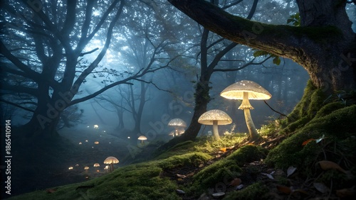 Enchanted Forest: Illuminated mushrooms glow amidst a mystical, foggy forest scene, a captivating landscape that sparks imagination and wonder.