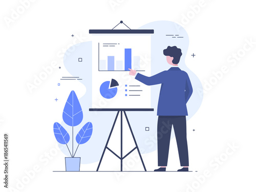 A man presenting business data on a flip chart in a modern office setting.