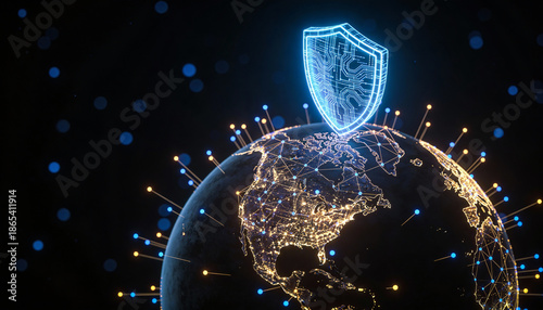 Digital globe with connected fintech nodes, protected by holographic credit card shield, glowing blue cyber network 