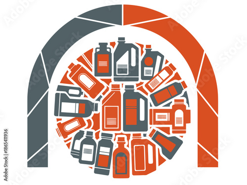 Bold logo featuring bottles within an arch, showcasing 'Stock The Shop'. Modern, graphic design, vibrant colors, ideal for branding and marketing materials.