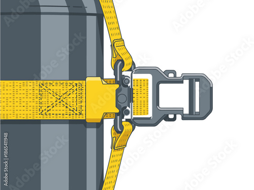 Close-up of a cargo strap securing a cylinder with a ratchet buckle. Yellow webbing and gray cylinder. Tension force verified. Clear, detailed illustration.