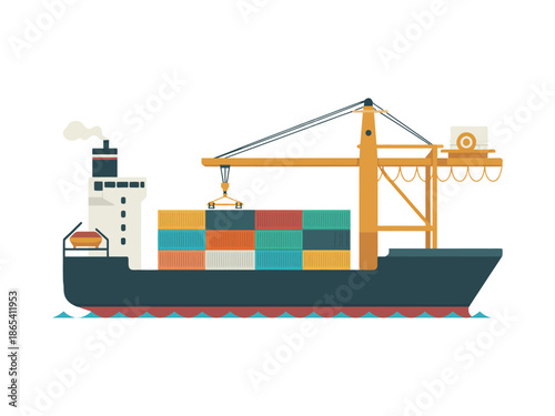 A cargo ship transporting colorful shipping containers across the ocean with a crane