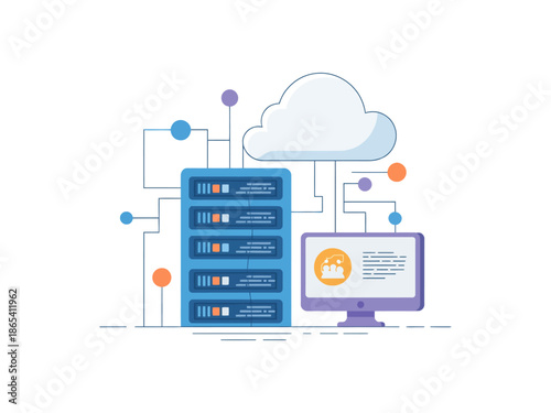 A computer monitor displaying a cloud computing system with a server and network connections