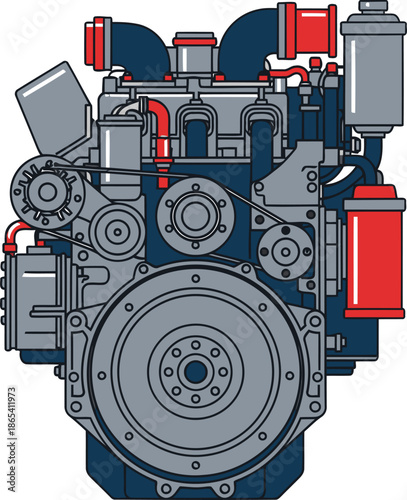 Detailed illustration of a diesel engine. Clean, modern design with red and blue accents. Perfect for technical, industrial, or mechanical themes.