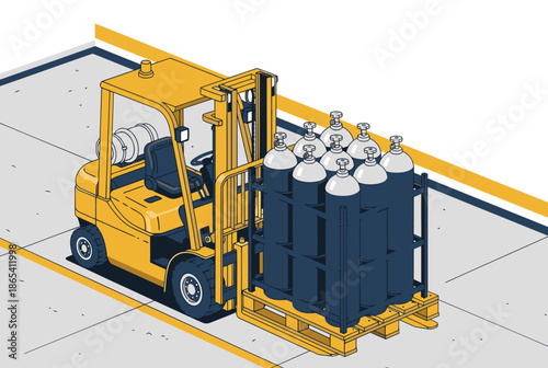 Forklift safely lifts cryogenic tanks on a pallet. Industrial setting, clear lines, and bright colors. Ideal for logistics and safety visuals.