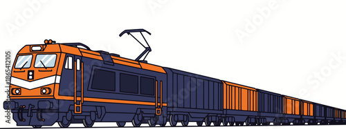 A powerful freight train travels along tracks, transporting goods. Modern illustration style, vibrant colors, and a dynamic composition. Ideal for business and logistics themes.
