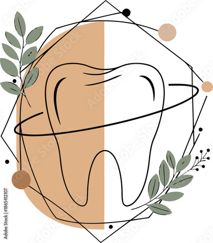 Premium dental logo featuring a stylized tooth within a geometric frame, accented with leaves. Modern, elegant design for branding and marketing.