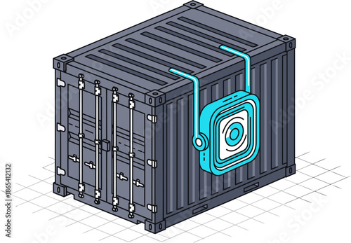 Secure container with integrated tracking device. Modern, stylized illustration showcasing safety and technology. Clean, graphic design for commercial use.
