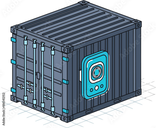 Secure shipping container illustration. Modern, stylized design with a focus on safety and tracking. Clean lines and a professional aesthetic. Ideal for logistics and transport themes.