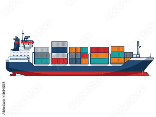A sleek container ship navigates global trade routes. Vibrant cargo containers fill the deck, showcasing international commerce. Modern, graphic style.