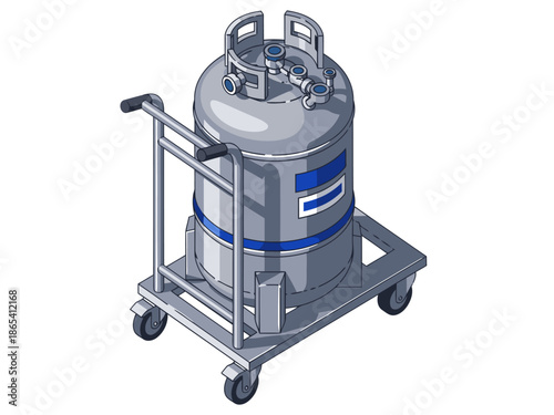A stainless steel cryogenic handling cart with wheels and a handle.  Clean, modern illustration. Ideal for science, technology, or industrial themes.
