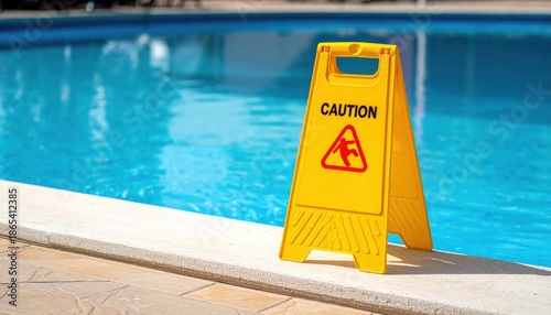 Yellow plastic caution sign for slippery floor stands on poolside edge next to clear blue swimming pool water