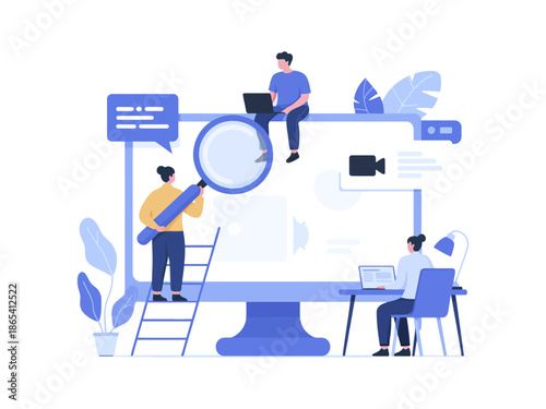 A group of people working together on a large computer screen with various digital tools and icons