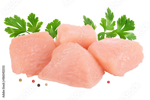 Raw diced chicken fillet isolated on white background with full depth of field. © kolesnikovserg