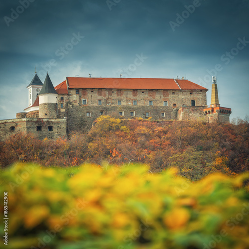 Wallpaper Mural View to castle Palanok on hill through autumn leaves on foreground under cloudy sky in autumn day in Ukraine Torontodigital.ca