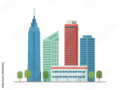 A colorful illustration of a modern city skyline with tall buildings and green trees