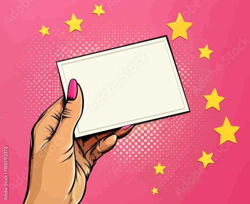 In this visual representation, a hand belonging to a female is shown clutching a card, characterized by its Pop art style and set against a similarly designed Pop art background, embodying the