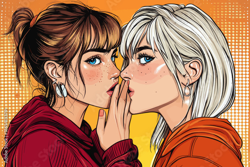 Gossiping women illustrated in a modern pop art style reminiscent of comics