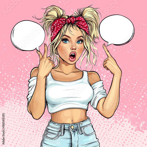 A pop art background highlights the iconic 'We Can Do It' woman, a potent symbol of female power and industry, frequently used in advertising to represent a strong and independent female figure, tied