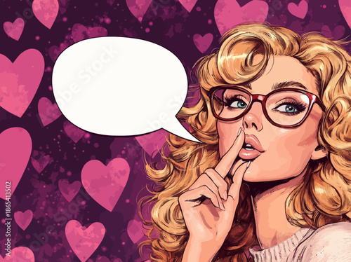 A sexy, surprised woman with sun-tanned skin, blonde curly hair, and a speech bubble, is depicted in a pop art style, with her finger near her mouth and a smile, set against a bright and modern
