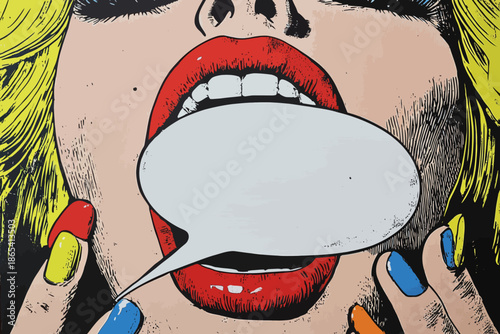 In a comic retro pop art style, a modern background is used to depict a surprised blonde woman, screaming an announcement with her mouth open and hands raised, for the purpose of a party invitation