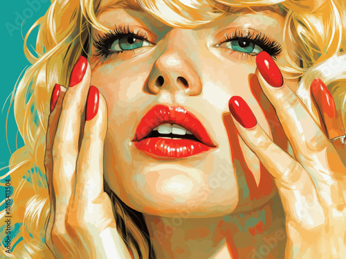 The image features a sexy blonde woman in a pop art style, with her eyes and mouth agape and her hands rising, screaming in astonishment, all set against a modern background that blends comic and