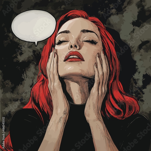 In a modern retro pop art style with a comic twist, a surprised woman with red curly hair and an open mouth is shown screaming an announcement with her hands raised, creating a vibrant party