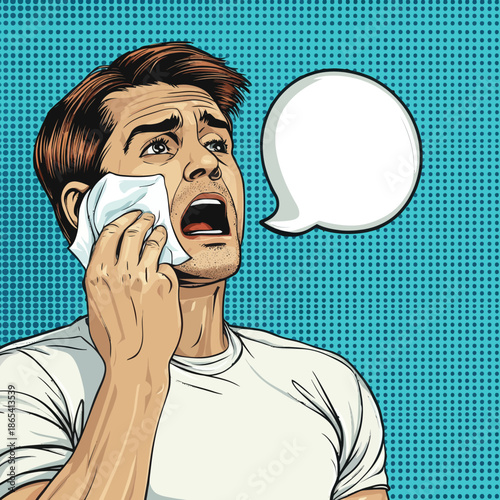 In a modern illustration, a man is shown crying due to stress, presented in a retro pop art comic style