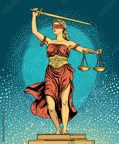 Femida, or Themis, the goddess of justice, is illustrated in a modern pop art style with a retro comic aesthetic, holding a balance and sword to represent the concept of law and legality