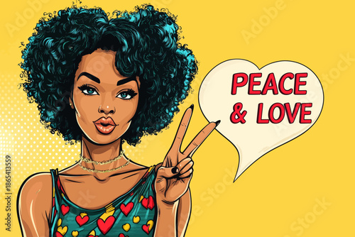 In a vibrant pop art retro comic style setting, a sexy African American hippie woman in glasses is depicted showing a pacific sign and a victory sign, with a speech bubble expressing peace and love,