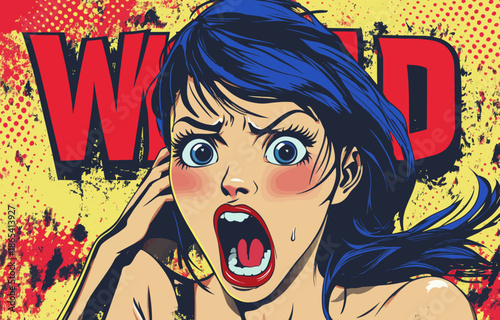 Vintage pop art style comic book panel illustration of a woman looking amazed and saying wow, presented in a retro modern poster design